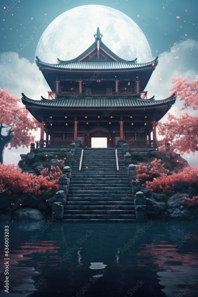 Poster a building with stairs leading up to it in front of a full moon. generative ai image.