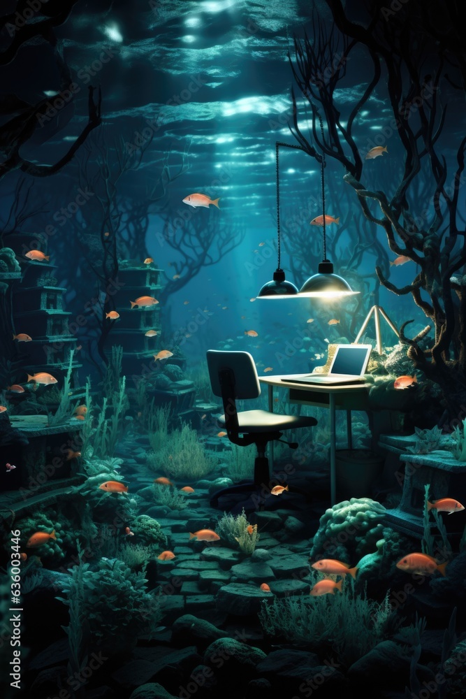 Poster a computer desk in an underwater world with fish. generative ai image.