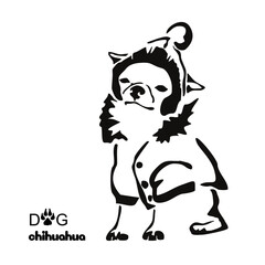 Drawing of a small dog of the Chihuahua breed in winter clothes. Gestalt design of funny pets.