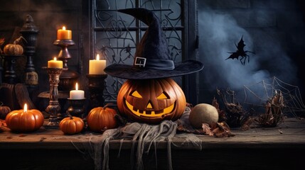 Halloween Still: Scary Decorated Dark Room with Table Covered in Spider Webs, Burning Pumpkin, Candlestick, Witch's Hat.