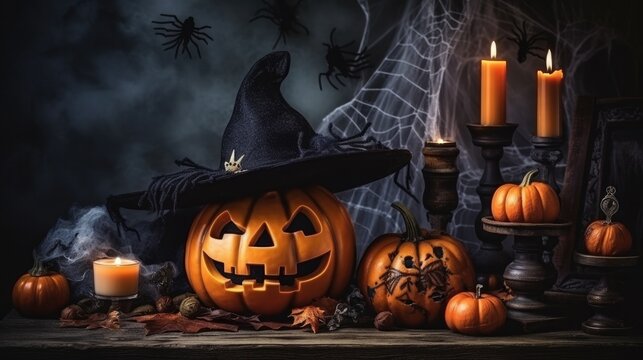Halloween Still: Scary Decorated Dark Room with Table Covered in Spider Webs, Burning Pumpkin, Candlestick, Witch's Hat.