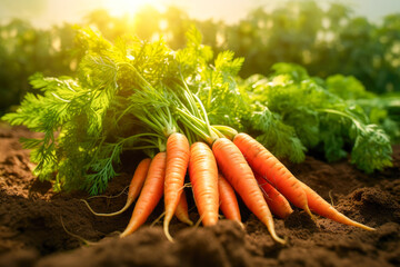 Bunch of fresh carrots in the soil. Selective focus