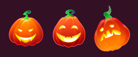 Set of neon glowing pumpkins for your halloween design, Vector illustration