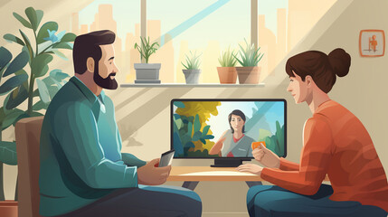 Telepsychiatry: A psychiatrist conducting a therapy session with a patient over a video call, illustrating the integration of mental health services online 