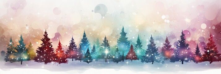 watercolor Christmas Tree With Baubles And Blurred Shiny Lights banner with text space  - obrazy, fototapety, plakaty
