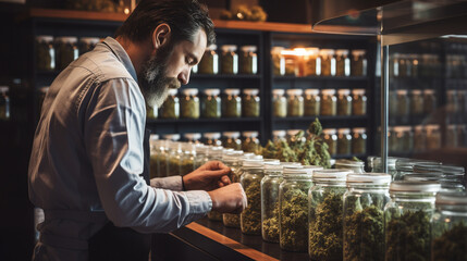 Medical Cannabis: A pharmacist dispensing medical cannabis products, depicting the use of cannabis for therapeutic purposes 