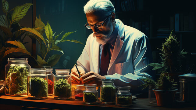 Medical Cannabis: A pharmacist dispensing medical cannabis products, depicting the use of cannabis for therapeutic purposes 