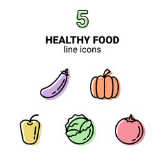 Set of five colorful outline Healthy Food icons, vegetable symbols, vector pictograms, logos, outline drawings, eggplant, pumpkin, cabbage, pepper and tomato.