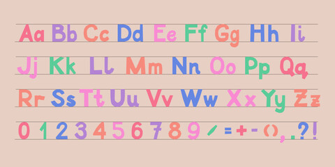 Pastel colored cut out kids alphabet on lined background. Childish typeface. Stylized isolated handmade characters. Funky typeset in flat papercraft style. Perfect for school kids lettering design