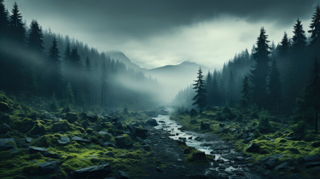 Amazing mystical fog forest landscape created with generative AI technology
