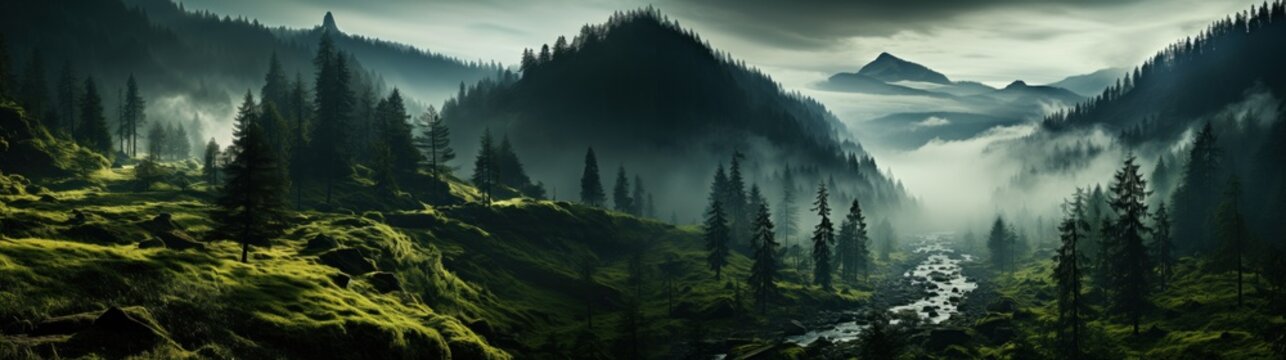 Amazing mystical fog forest landscape created with generative AI technology