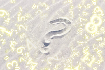 numerology, question mark in the sand, surrounded by numbers