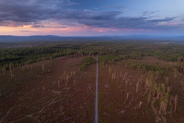 aerial drone panorama of mountain range at sunset