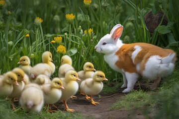 Rabbit, ducklings, fox and butterflies play in green field. Adorable fluffy animals in harmony., generative IA