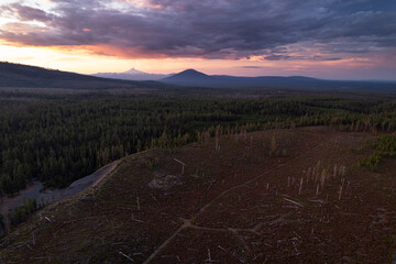 aerial drone panorama of mountain range at sunset