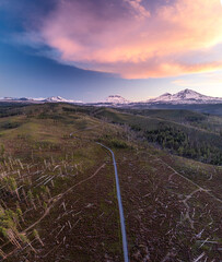 aerial drone panorama of mountain range at sunset