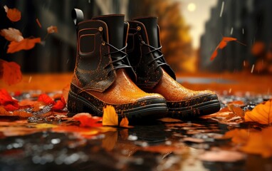 Men's dark boots in autumn leaves in the rain.