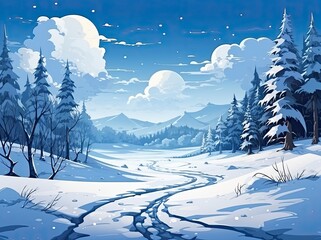 Winter landscape in anime style on a blue background.