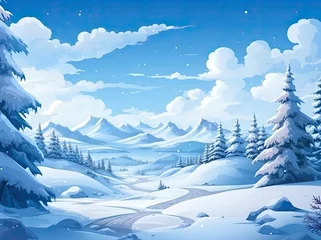 Schilderijen op glas Winter landscape in anime style on a blue background. © Andrey