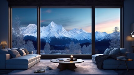  a living room filled with furniture and a large window covered in snow.  generative ai