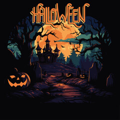 scary halloween background with pumpkins and moon vector Illustration