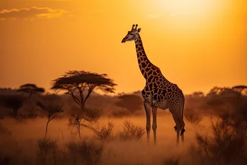 Rolgordijnen Majestic giraffe in an African savannah., generative IA © JONATAS