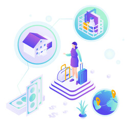 Immigration scene with woman travelling abroad for new life