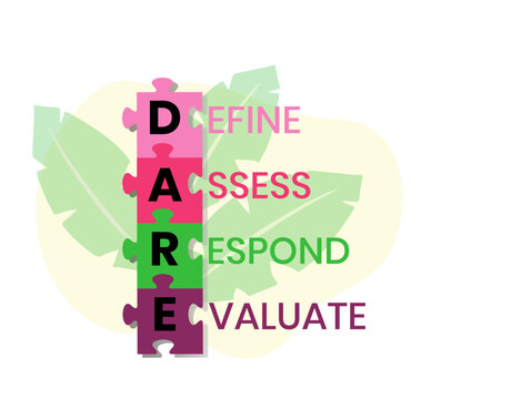 Define Assess Respond Evaluate - DARE acronym. Concept with keyword, people and icons. Flat vector illustration. Isolated on white.