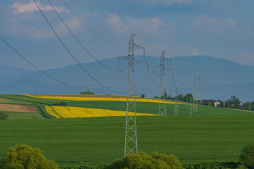 rows of power pylons running through picturesque fields
