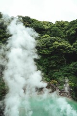 Fototapeta na wymiar Vertical shot of the Hot Springs in the daylight in Beppu, Japan
