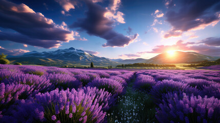 A field of lavender grown on a farm. A beautiful sunset against the backdrop
