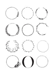 Botanical circle frame. Hand drawn round line border, leaves and flowers, wedding invitation and cards, logo design and posters template. Elegant vector illustration