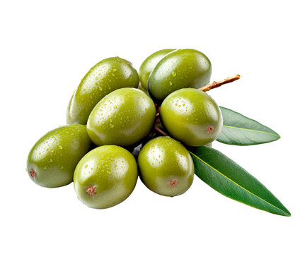 Green olives with leaves, on transparent background with png file. Cut out background.