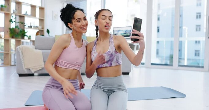 Fitness, yoga or friends take a selfie for a social media post after exercise or workout in house studio together. Happy, wellness or healthy women take photo or picture after training in living room
