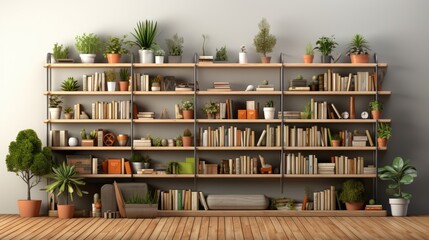 cozy living room with bookshelves and indoor plants