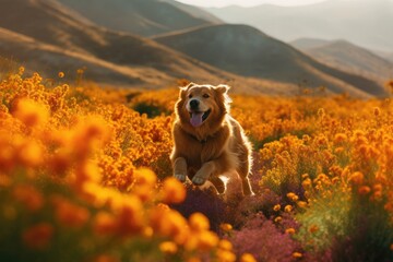 Golden dog playing in flowery field, mountains in background., generative IA
