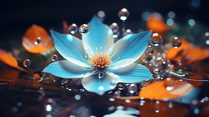  a blue and white flower with drops of water on it.  generative ai