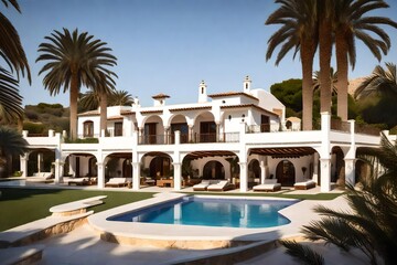 Andalucian house two stories, white and glass façades - AI Generative