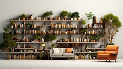 cozy living room with bookshelves and indoor plants
