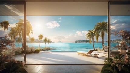  a room with a view of the ocean and palm trees.  generative ai