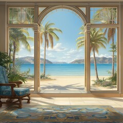 a painting of a tropical beach with palm trees and a chair.  generative ai