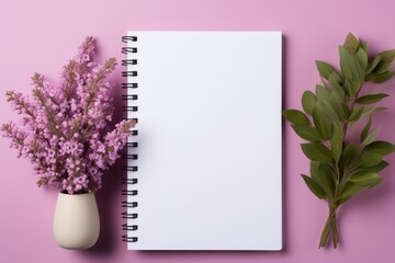 Blooming tree branches with pink flowers and notebook mockup on white background. 