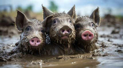 Pigs on the farm who got dirty swimming in the mud.