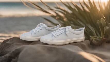 Naklejka premium Sporty white shoes made of biodegradable, environmentally friendly materials lying on the sand near plants on the seashore