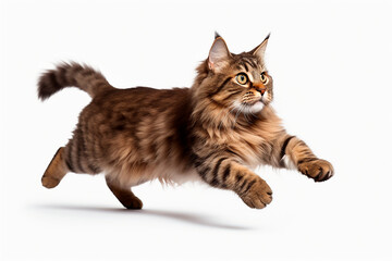 Cat isolated on a white background jumping. Animal right side view portrait.