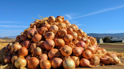 A pile of fresh onions harvested from the fields on the farm.