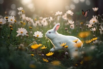 White rabbit hopping in flowery field with butterflies., generative IA