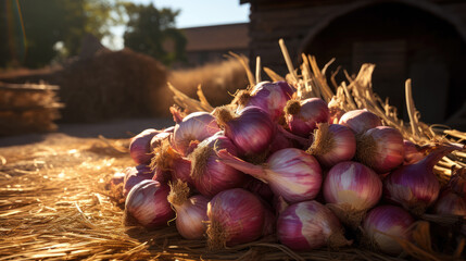 A pile of fresh onions harvested from the fields on the farm. - obrazy, fototapety, plakaty