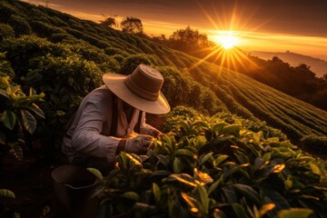 Farmers working in coffee plantations - obrazy, fototapety, plakaty