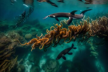 Obraz premium life. In the heart of a sun-dappled kelp forest, a bustling community of marine creatures thrives - AI Generative